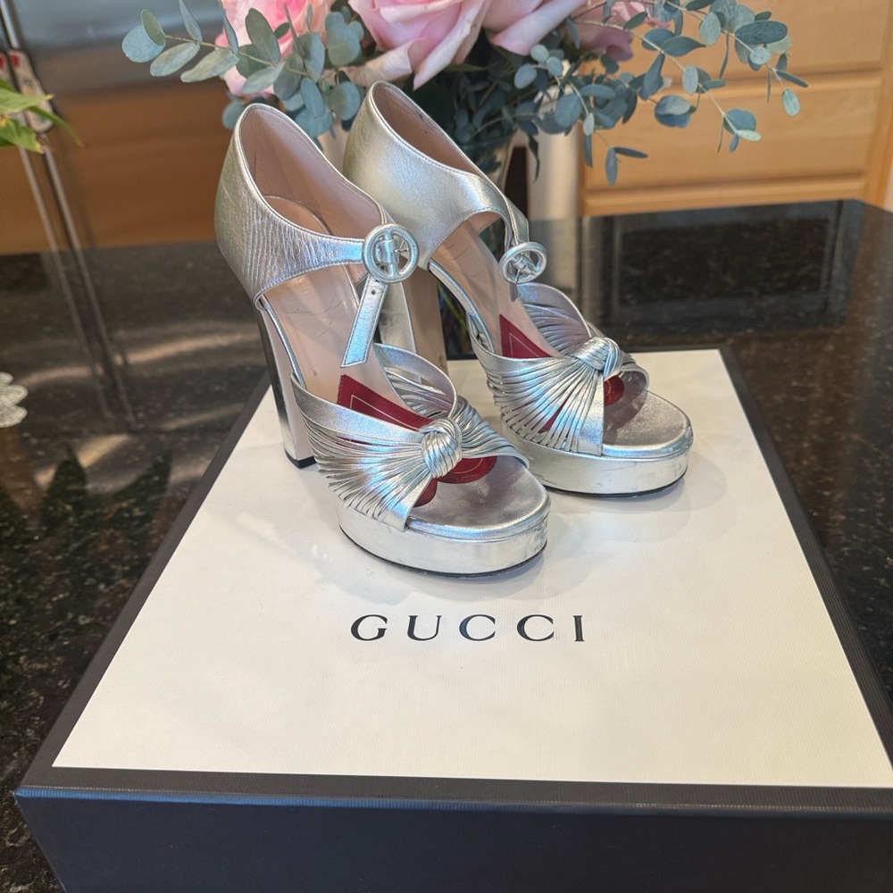 Gucci Metallic Silver Platform Heels